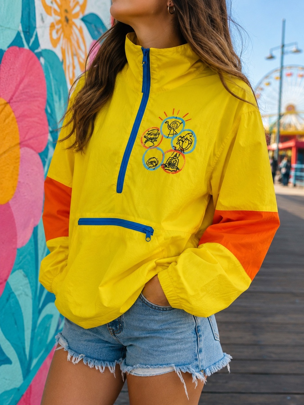 Disney Pixar Inside Out Joy Packable Windbreaker Jacket Yellow Blue Adult S